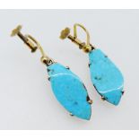 A pair of antique yellow metal and turquoise drop earrings (screw fitting)