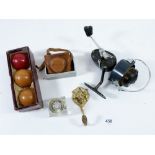 A Mycro camera by Sanwa Co Ltd, a Mitchell 840 fishing reel, three celluloid snooker balls boxed and