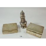 Two silver cigarette boxes and a silver sugar caster, a/f, total weight 601.3g