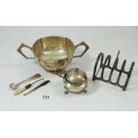 A silver sugar bowl, silver toast rack and a silver mustard pot plus two small button hooks, total