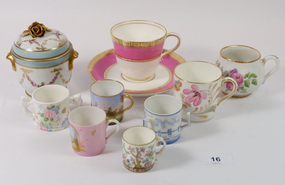 A group of five miniature tankards with painted or printed decoration and other decorative china