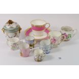 A group of five miniature tankards with painted or printed decoration and other decorative china