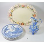 A Mason's 'Arbour' meat plate, four Spode Blue Room plates and a Victorian jug