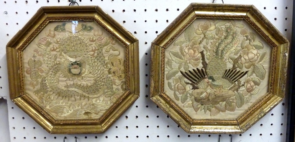 A set of four 19th century Chinese embroidered octagonal pictures of flowers, birds and dragons, - Image 3 of 3