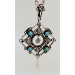 A William Hair Haseler Arts & Crafts silver pendant with turquoise set openwork panel and pearl