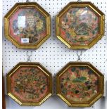 A set of four 19th century Chinese embroidered octagonal pictures of fruit, flowers and birds 18cm