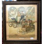 A Victorian colour print of a motor car and a go cart outside a bicycle shop 'Rival Motors', 44 x