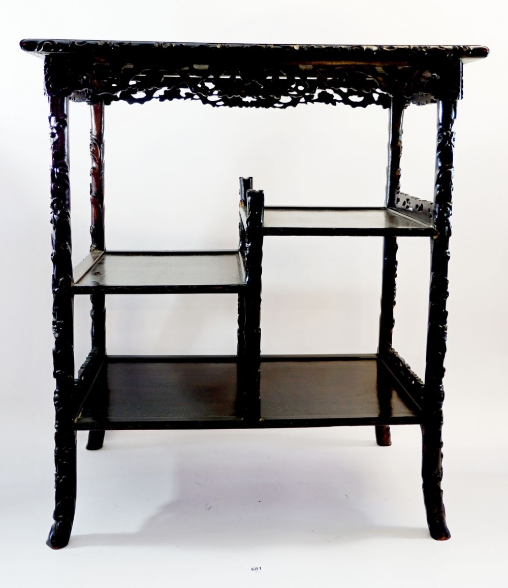 A Chinese early 20th century hardwood display table with prunus blossom carved frieze, 67 x 38 x