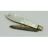 A Victorian silver and mother of pearl folding penknife