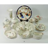 A Coalport strawberry dish with cream and sugar, three decorative cups and saucers and various