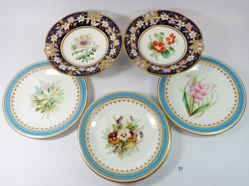 A pair of Victorian dessert comports painted flowers in blue and gilt borders and four Worcester