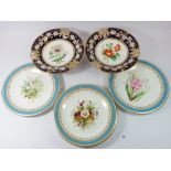 A pair of Victorian dessert comports painted flowers in blue and gilt borders and four Worcester