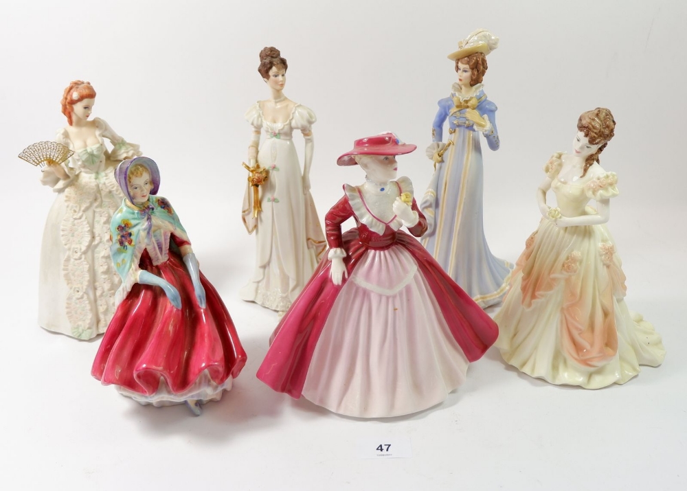 Two Coalport figures, three Franklin Mint figures and a Paragon figure