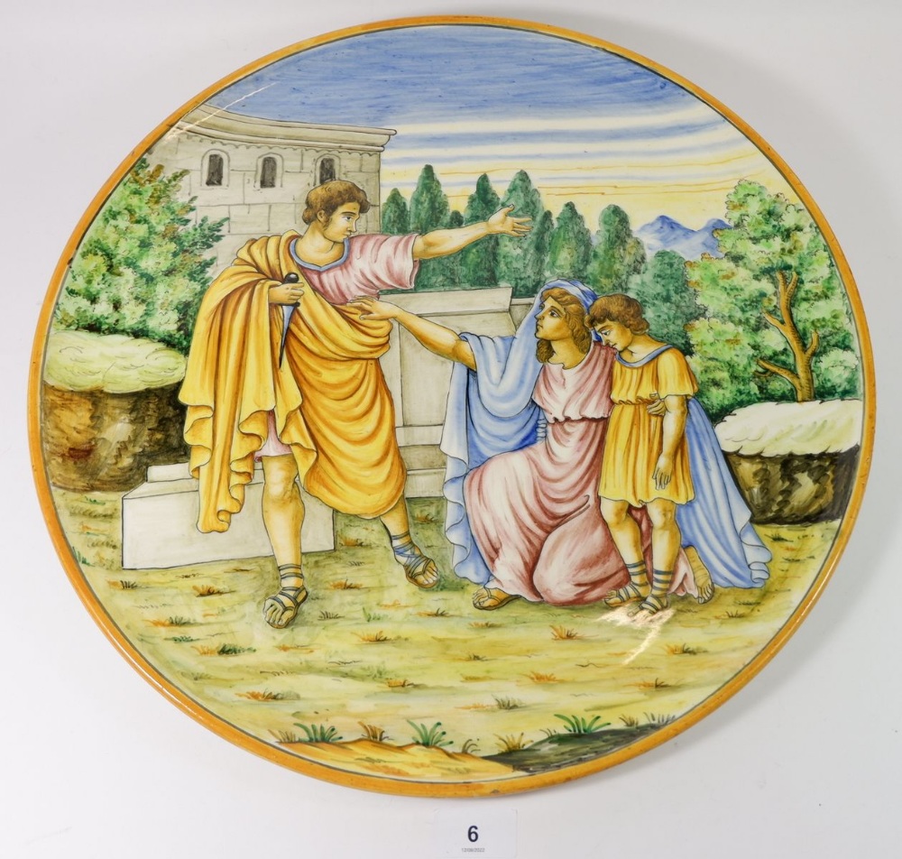 An Italian Majolica charger painted with a classical Roman scene, 42.5cm