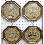 A set of four 19th century Chinese embroidered octagonal pictures of flowers, birds and dragons,