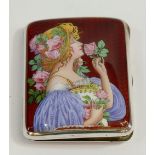 A fine silver German Art Nouveau cigarette case with enamel portrait of a woman in the style of