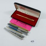 A Parker 61 fountain pen, a Parker ballpoint pen boxed (engraved) and various other pens