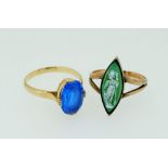 A yellow metal ring set blue stone, size O and a yellow metal marquise cameo ring, size N to O