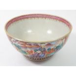 A mid Qing Dynasty Chinese Canton bowl painted family scene in a landscape, 17cm diameter