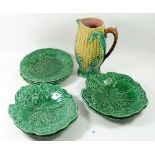 A group of eight Victorian green Majolica leaf plates, several a/f and a similar Victorian