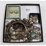 Various costume jewellery including silver bracelet and chain 44g and silver fob 28g