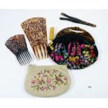 Two tortoiseshell hair combs, two evening bags, glove stretchers and cased scent bottle