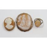 A 9 carat gold framed cameo brooch 3 x 2.5cm, a silver one and a silver cameo ring