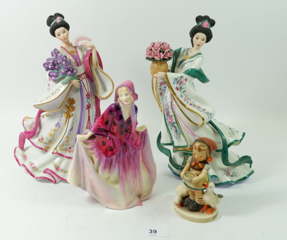 A Royal Doulton figure 'Sweet Anne' HN14968 and two Danbury Mint Princesses 'Iris & Rose' plus a