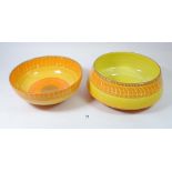 Two Shelley Art Deco Harmony Ware fruit bowls in orange and yellow, 22cm diameter
