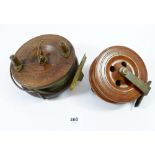 Two wood and brass fishing reels - one marked 'Eton Sun' the other 'Heatons patent no. 13388/85'