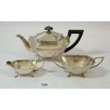 A silver three piece bachelor tea set, London 1897, 396.3g (total weight)