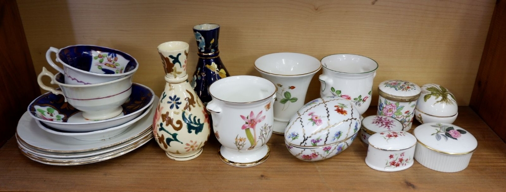 A pair of Gaudy Welsh cups and saucers, two Zsolnay vases and various ornaments