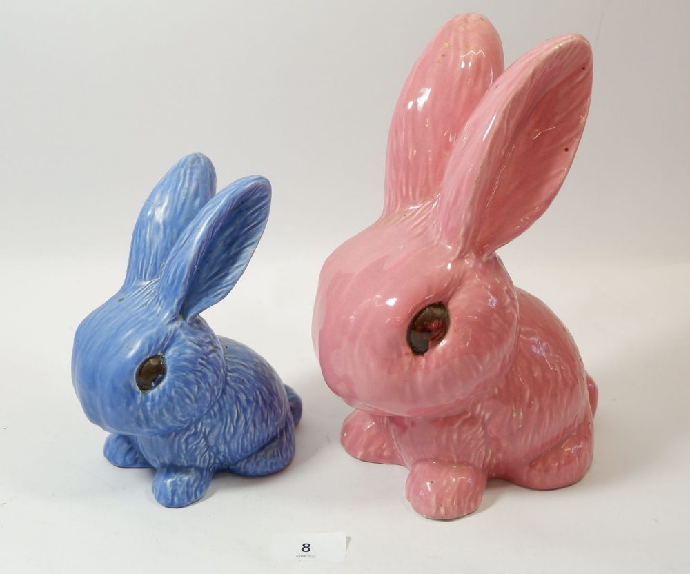 A large pink Sylvac rabbit 25cm tall No. 1028 and a blue one No.1026