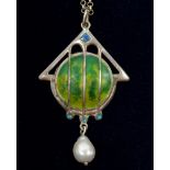 A James Fenton silver Arts & Crafts Art Nouveau pendant with geometrical green enamel design
