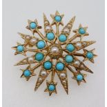 A Victorian 9 carat gold star form brooch set turquoise and seed pearls, 7.5g, 3cm diameter
