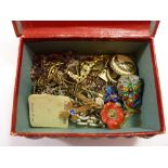 A vintage shell clad box of costume jewellery including 8ct gold, white metal bracelet and yellow