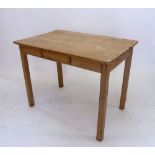 An Edwardian pine kitchen or small dining table with frieze drawer, 65 x 99cm