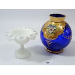 A Victorian white overlaid glass small dish and an Italian blue and gilt posy vase