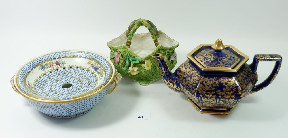 A Hancock blue and gilt teapot, a Copeland Spode soup dish and a Victorian floral encrusted basket