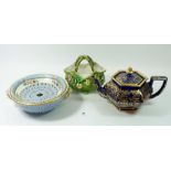 A Hancock blue and gilt teapot, a Copeland Spode soup dish and a Victorian floral encrusted basket