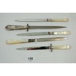 Five assorted letter openers with silver and mother of pearl handles