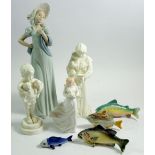 A group of four china figures, including Nao Royal Doulton and Royal Worcester and four china fish