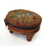 A Victorian oval stool with beadwork and tapestry top on turned supports