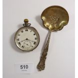 A silver pocket watch and a sterling silver spoon