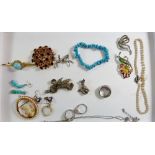 A box of costume jewellery including marcasite and turquoise