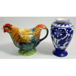A Rooster teapot and a Bursley Ware blue and white vase