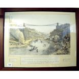 A 19th century lithograph of Clifton Suspension Bridge after Whatley 1864 published by Henry