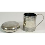 A silver circular snuff box, Sheffield 1912, 92.2g and a silver christening mug, London 1800, 73.8g