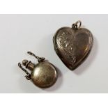 A silver heart locket and a silver miniature scent flask