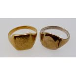 A gold signet ring - unmarked 6.8g, size Q and a 9 carat gold on silver signet ring, 3.8g